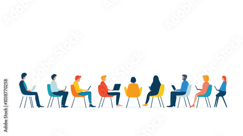 people sitting in folding chairs around a circle, discussing something together. Vector illustration on a white background.

