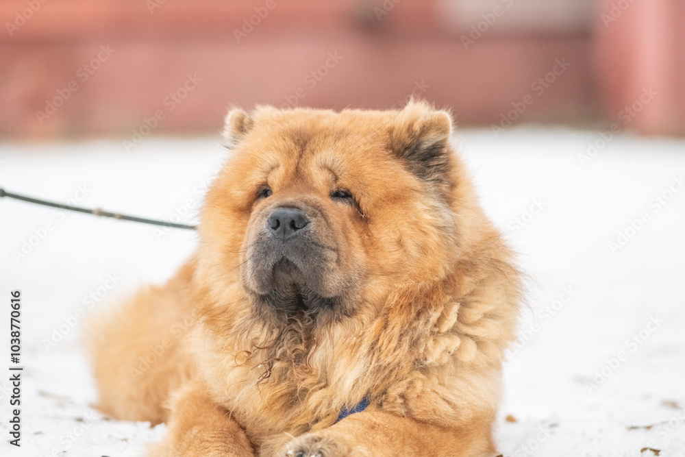 A beautiful purebred chow chow on a walk in the snow in winter. A beautiful purebred chow chow on a walk in the snow in winter.