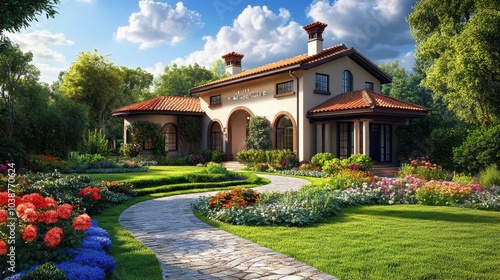 A detailed image of a beautiful house with a well-manicured garden, featuring colorful flowers and lush green lawns.