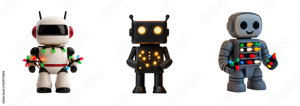 Fototapeta premium Set of three festive robots adorned with colorful Christmas lights isolated on a transparent background, representing holiday celebration and technology fusion