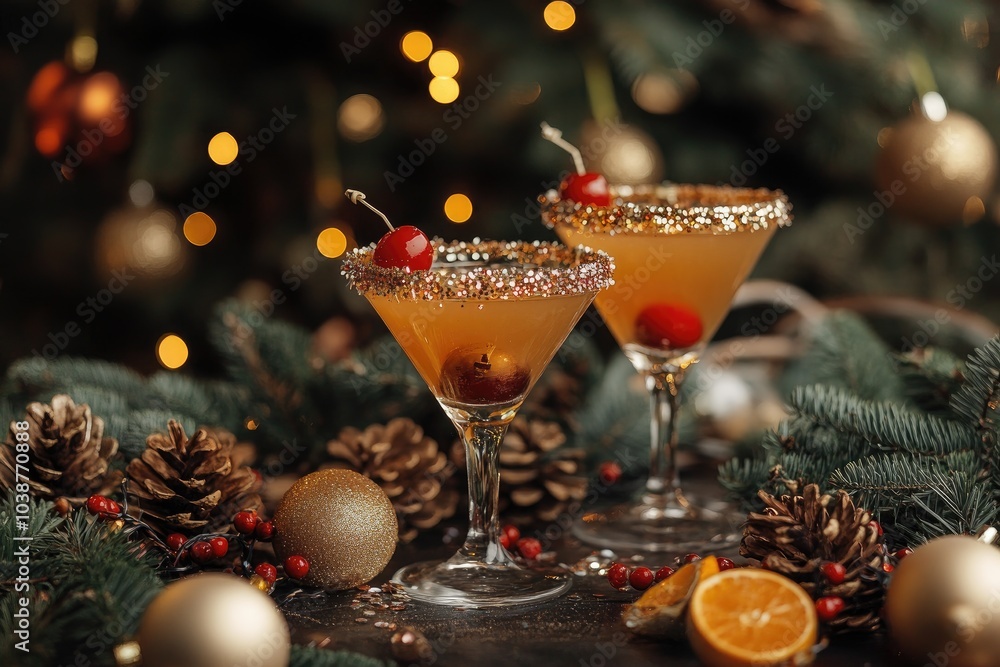 Festive Holiday Cocktails with Pine Cone and Citrus Decor Amid Christmas Lights Festive Holiday Cocktails with Pine Cone and Citrus Decor Amid Christmas Lights