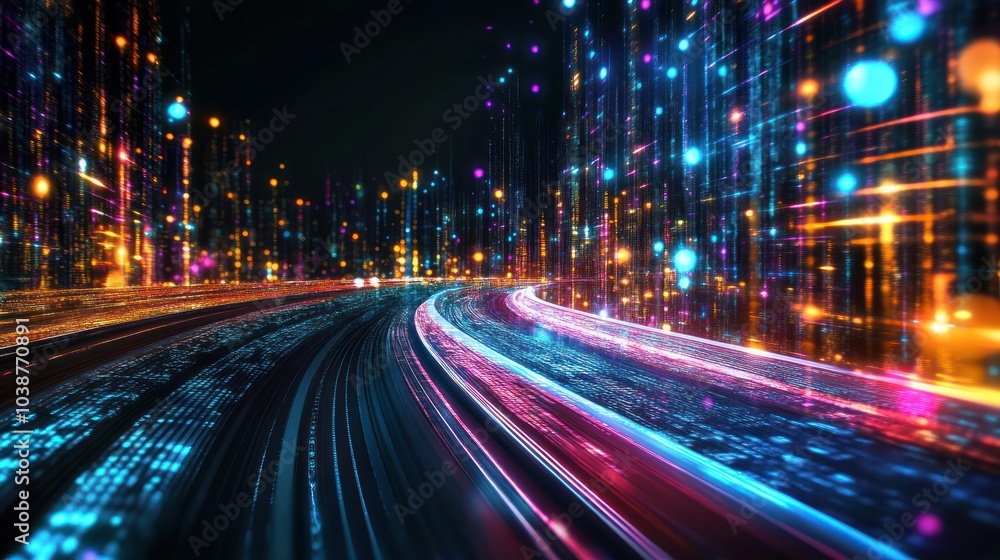 A vibrant, abstract representation of a futuristic digital landscape with glowing lights. A vibrant, abstract representation of a futuristic digital landscape with glowing lights.