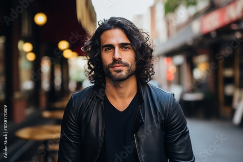 Portrait of handsome man with long curly hair in urban background.