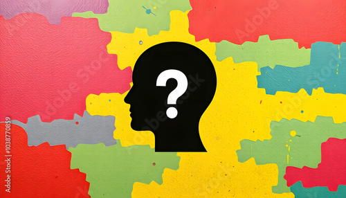 Moving Questionmarks in Human Head outline in front of a color wall background. Business Psychology concept isolated with white highlights, png photo