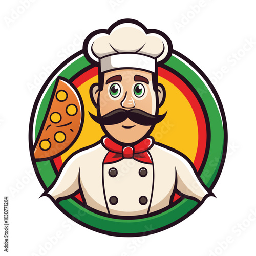 Chef with Italian freshly baked pizza. Restaurant logo vector illustration