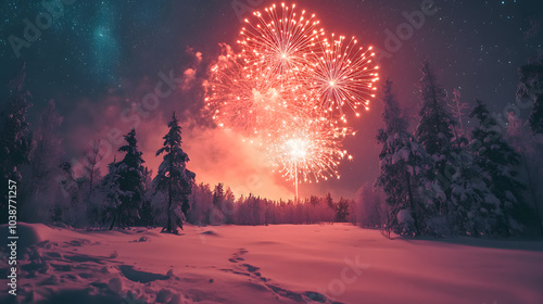 A photo of fireworks over a snowy forest, with the northern lights in the background, during a magical New Year's Eve