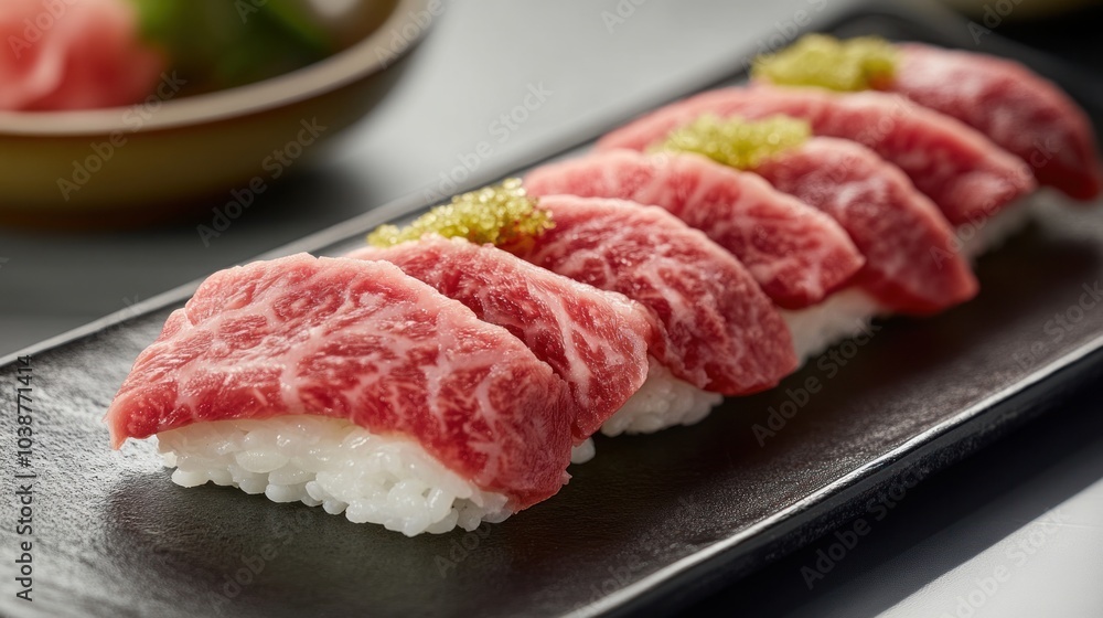 Wagyu beef sushi, featuring thin slices of marbled beef on rice Wagyu beef sushi, featuring thin slices of marbled beef on rice
