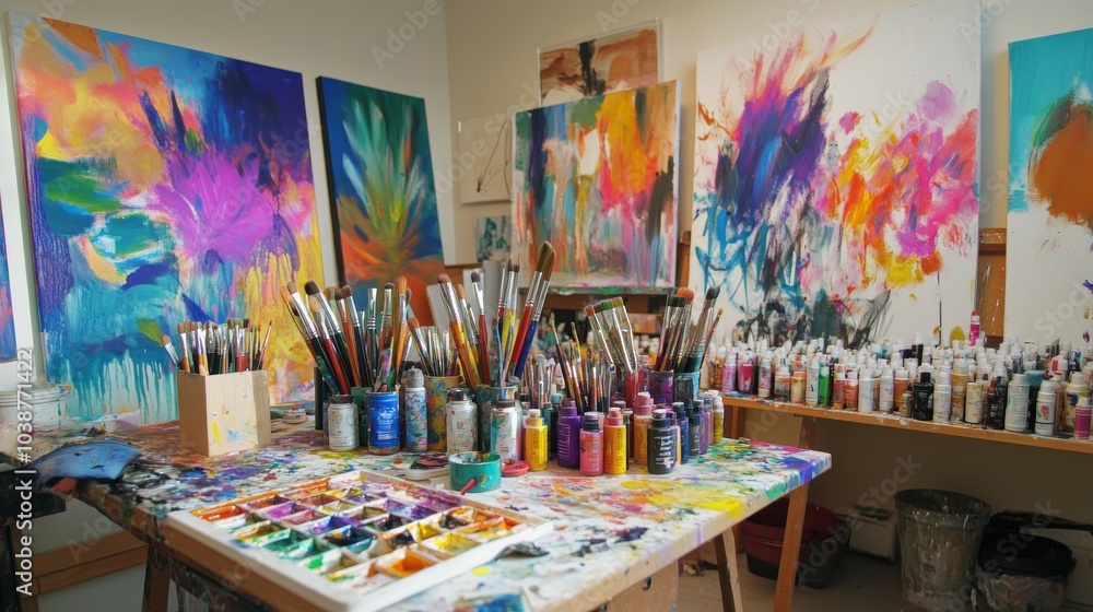 An artistic painting studio with vibrant canvases and brushes, Paint tubes organized in a creative workspace, Creative expression style An artistic painting studio with vibrant canvases and brushes, Paint tubes organized in a creative workspace, Creative expression style