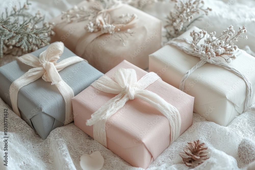Elegant Pastel Gift Boxes Decorated with Natural Elements on Soft Fabric Background Elegant Pastel Gift Boxes Decorated with Natural Elements on Soft Fabric Background