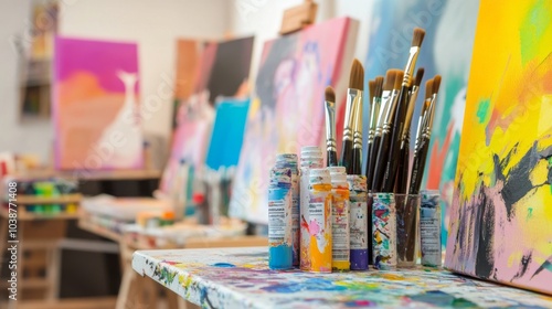 An artistic painting studio with vibrant canvases and brushes, Paint tubes organized in a creative workspace, Creative expression style