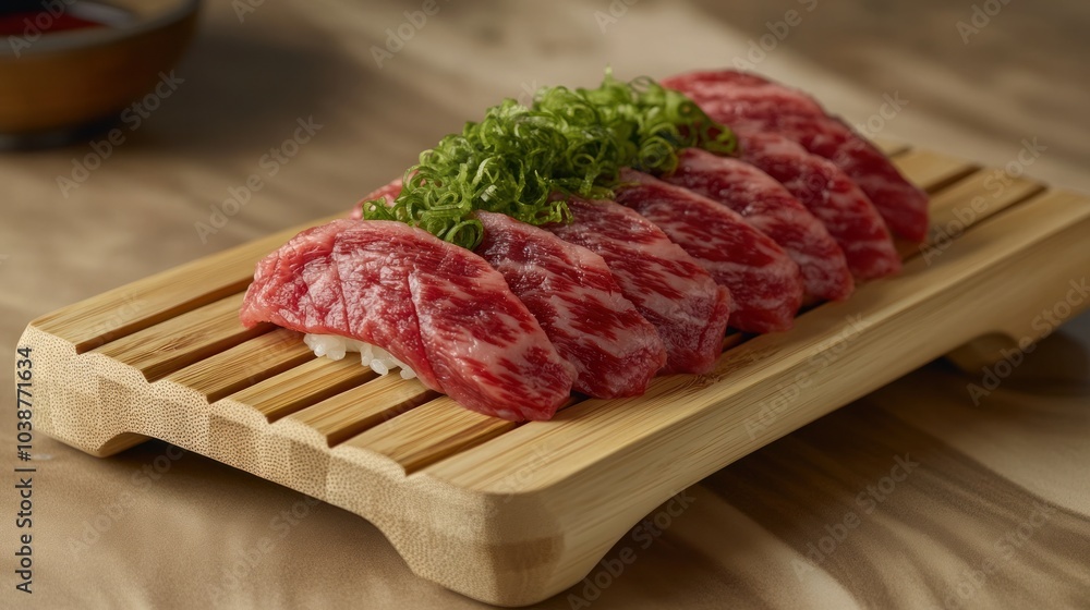 Wagyu beef sushi with marbled slices, served on a bamboo platter Wagyu beef sushi with marbled slices, served on a bamboo platter
