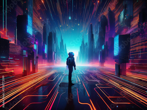 person in the helmet in the city of the future