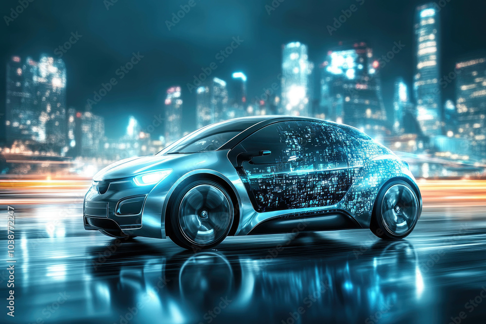 Futuristic Electric Car in Motion Against Neon Cityscape at Night Futuristic Electric Car in Motion Against Neon Cityscape at Night