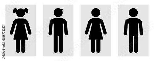 Girl or boy, man and woman silhouette icon vector icon set. Restroom door pictograms. Woman and man public toilet vector signs, female and male hygiene washrooms symbols. Vector illustration.