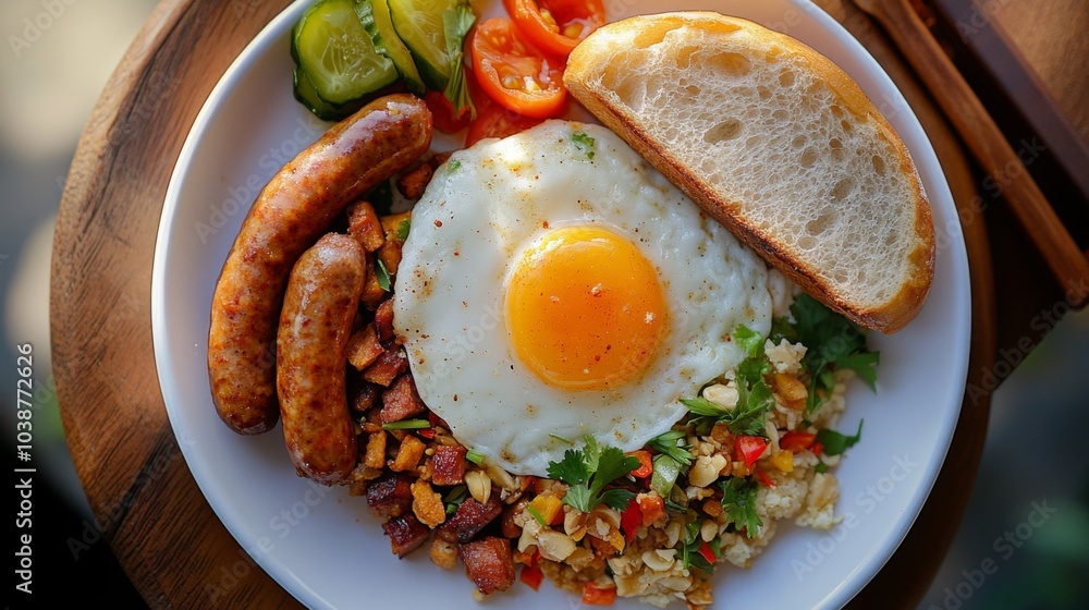 Delicious Breakfast Plate with Eggs and Sausages Delicious Breakfast Plate with Eggs and Sausages
