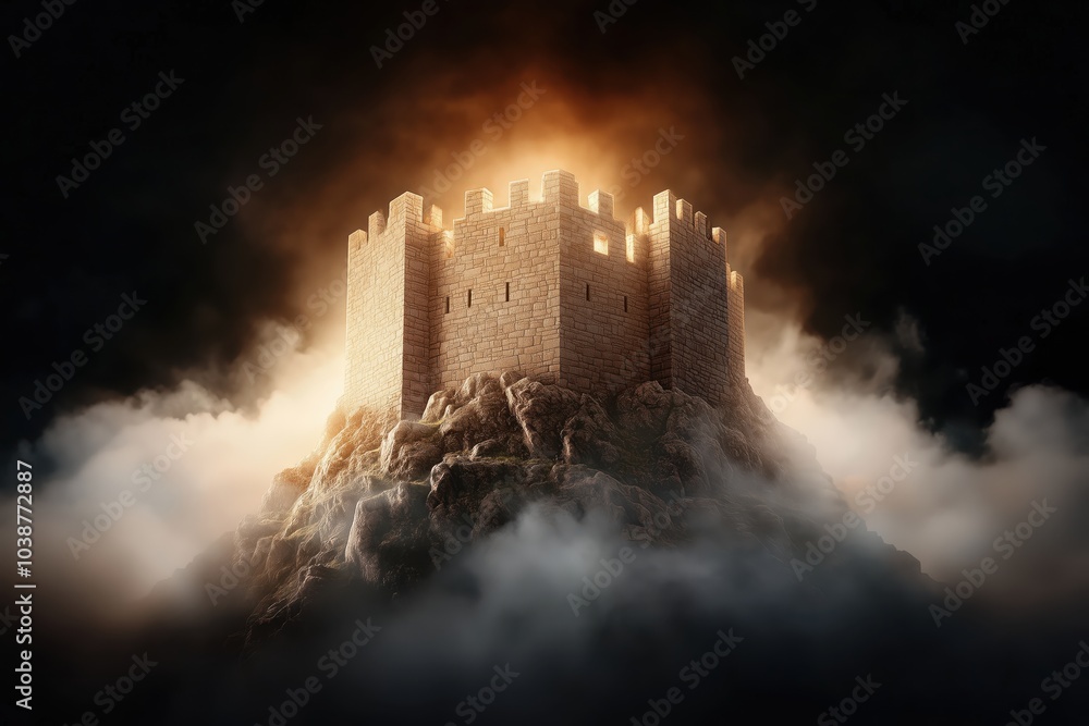 Fototapeta premium A majestic metal castle glowing in pristine detail against the dark backdrop. Generative AI