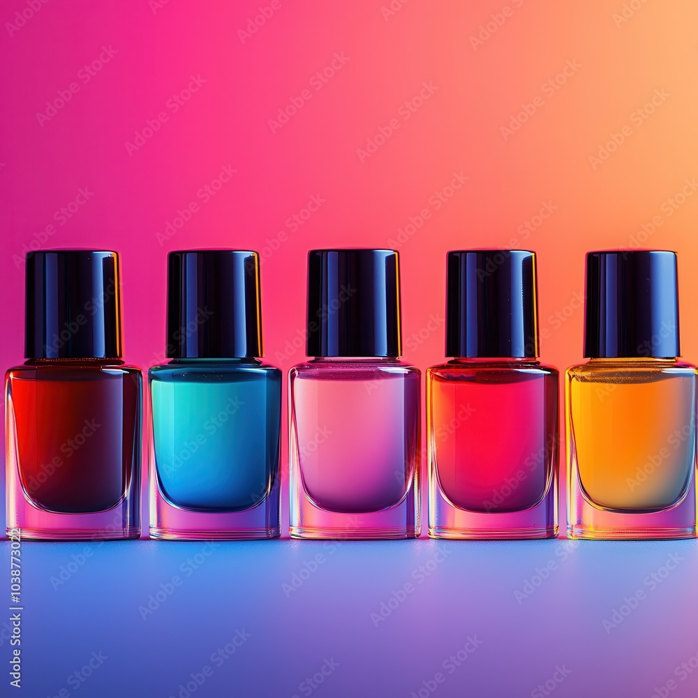 A vibrant display of colorful nail polish bottles on an artistic gradient background, showcasing a spectrum of hues. A vibrant display of colorful nail polish bottles on an artistic gradient background, showcasing a spectrum of hues.