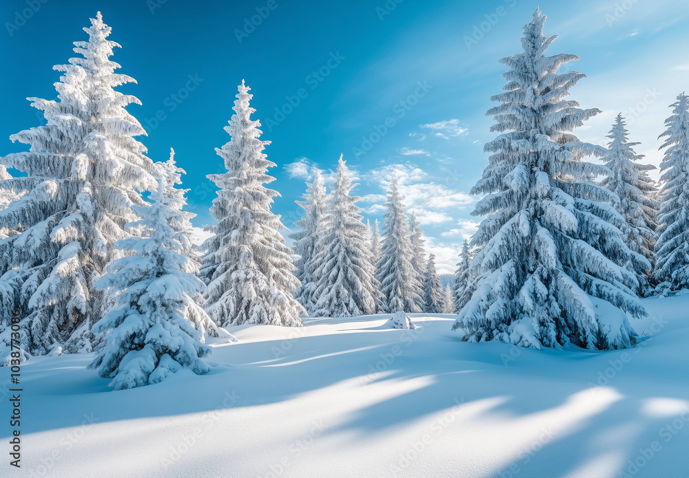 Beautiful winter landscape of a snowy pine forest on a bright sunny day Beautiful winter landscape of a snowy pine forest on a bright sunny day