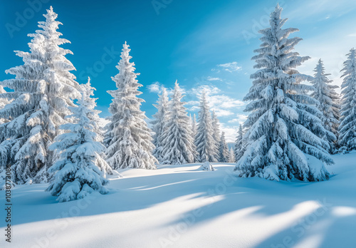 Beautiful winter landscape of a snowy pine forest on a bright sunny day