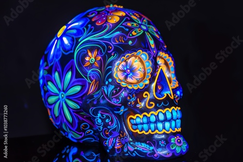 Glowing sugar skull with vibrant blue and purple flowers, ornate details, dark backdrop