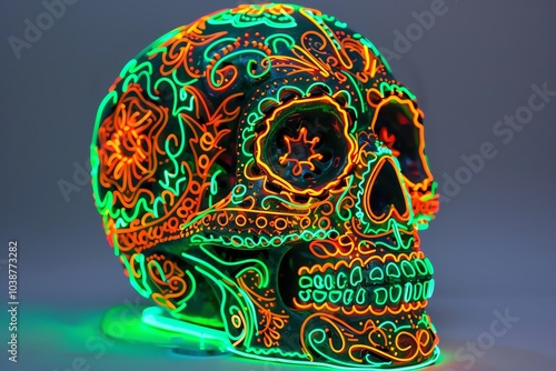 Luminous sugar skull with vibrant green and orange designs, intricate neon patterns