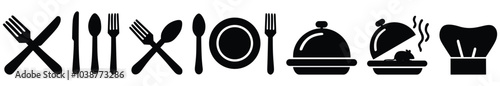 Fork, spoon, knife, plate, chef hat, and cloche or tray icon. Cutlery icon set in line and flat style. Dinnerware icon symbol. Restaurant sign and symbol. Vector illustration