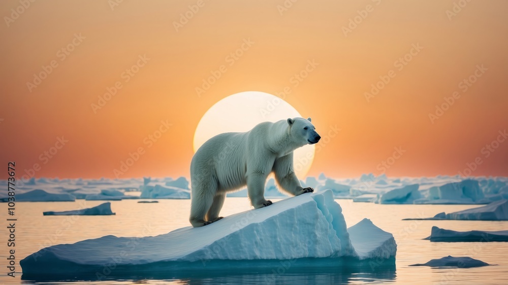 Majestic Polar Bear Standing on Iceberg at Sunset in Arctic Landscape Majestic Polar Bear Standing on Iceberg at Sunset in Arctic Landscape