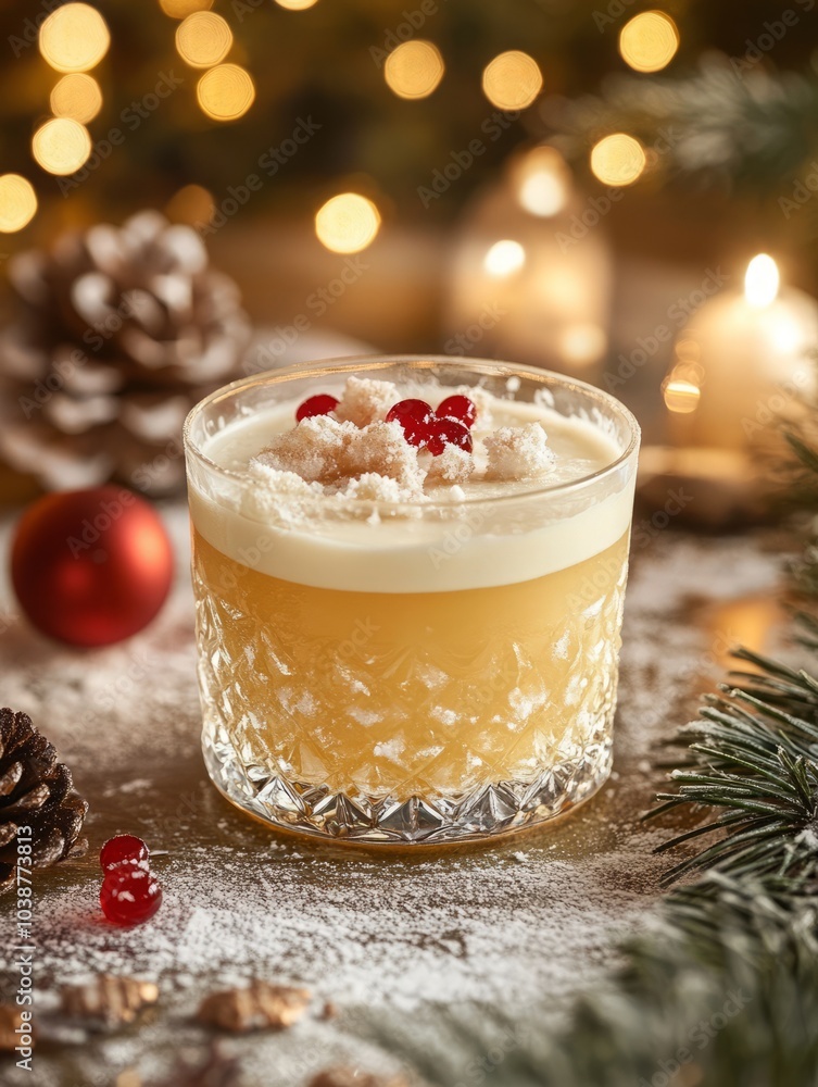 Tasty Christmas drink in a glass, beautifully assembled on a festive background Tasty Christmas drink in a glass, beautifully assembled on a festive background
