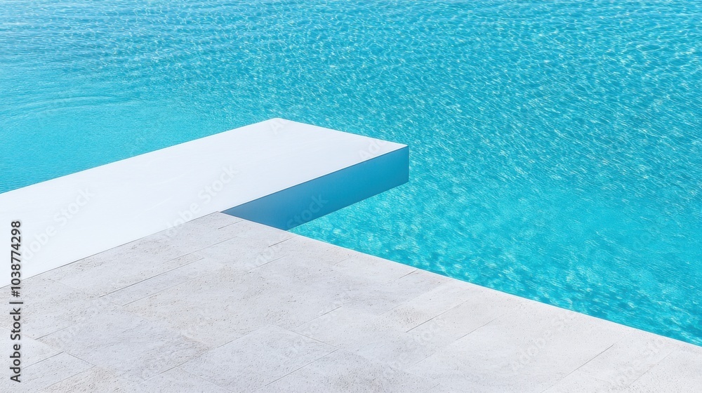Obraz premium A swimming pool's diving board edge, outdoor setting with clear blue water, Contemporary style