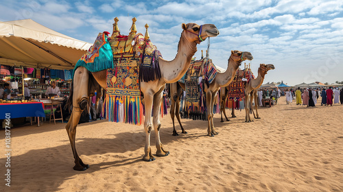 Buraidah Camel Festival, a camel contest featuring colorful cloth, gold-decorated saddles, and their owners wearing traditional robes, Ai generated images photo