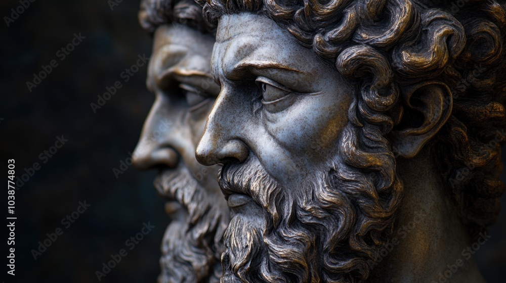 A detailed, lifelike statue of the Roman god Janus, with two faces looking in opposite directions, symbolizing duality and transitions. A detailed, lifelike statue of the Roman god Janus, with two faces looking in opposite directions, symbolizing duality and transitions.