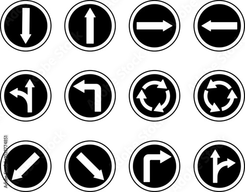Black Road Traffic Arrows. Round Signs. Vector Icons. Back, Forward, Right and Left Arrows. Straight or Right, Straight or Left. Roundabout. Keep Left or Right