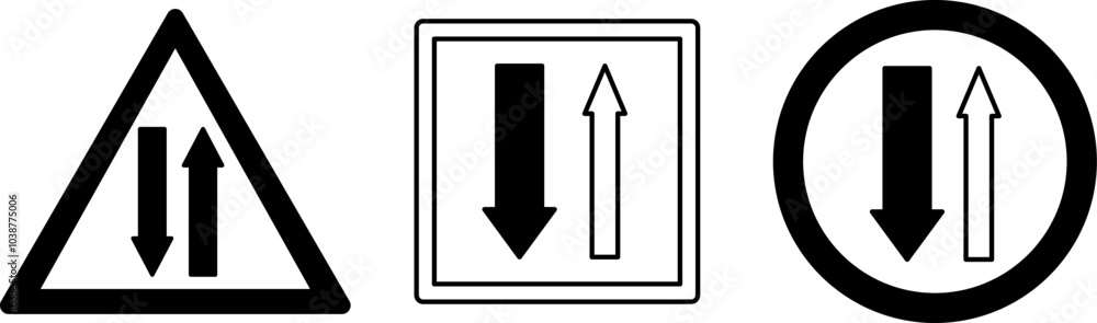 Two-Way Traffic Road Signs. Vector Icons. Two-Way Traffic Ahead. Give Way to Oncoming Traffic. Priority Over Oncoming Vehicle Two-Way Traffic Road Signs. Vector Icons. Two-Way Traffic Ahead. Give Way to Oncoming Traffic. Priority Over Oncoming Vehicle