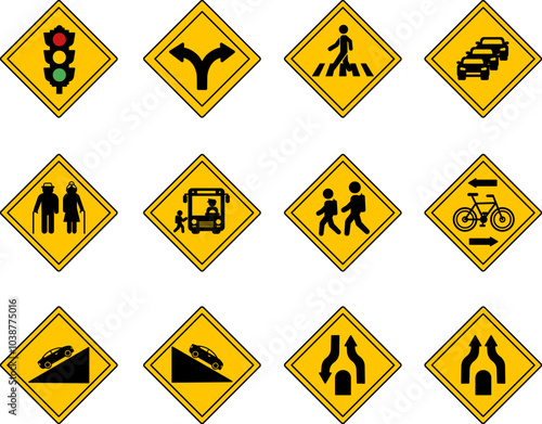 Yellow Diamond Shaped Road Signs. Vector Icons. Traffic Light, Fork, Crosswalk, Traffic Jam, Elderly People, School Bus, Steep Descent and Ascent, and More