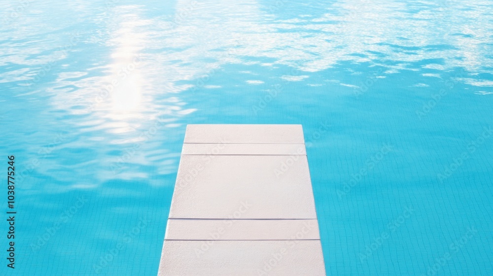 Obraz premium A swimming pool's diving board with clear blue sky reflected in water, outdoor setting with sunlight filtering through, Fresh style