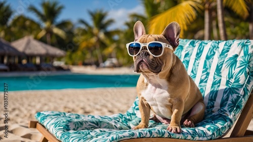 French bulldog at the resort, relaxing in a sun lounger. Dog on the beach, vacation with animals photo