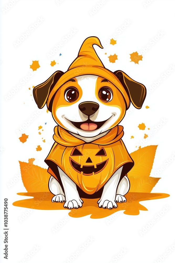 Happy dog wearing pumpkin costume flat design front view Halloween night theme cartoon drawing colored pastel Happy dog wearing pumpkin costume flat design front view Halloween night theme cartoon drawing colored pastel