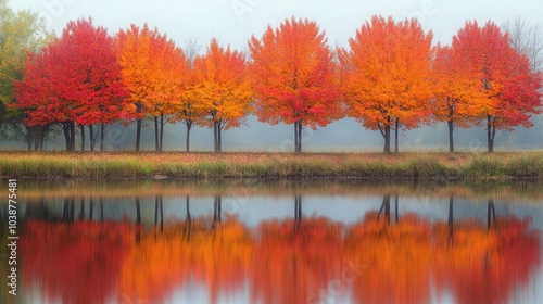 Vibrant autumn trees reflect in a calm lake, creating a serene landscape scene.