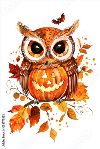 Owl with a pumpkin mask flat design side view Halloween theme watercolor Complementary Color Scheme