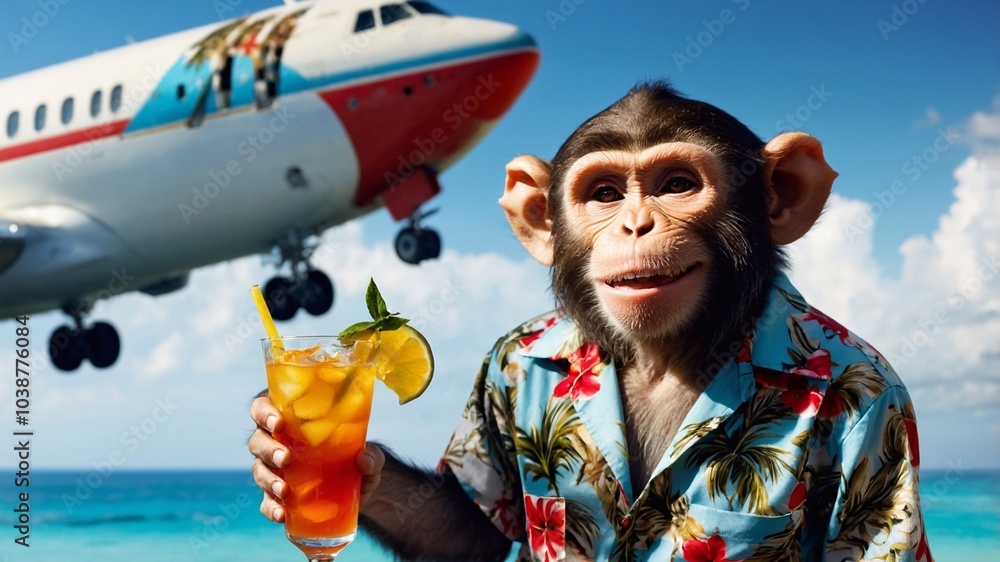 Fototapeta premium Monkey drinks tropical cocktail on the beach, airplane in the sky. Time to travel, discounts on air tickets, hotel search
