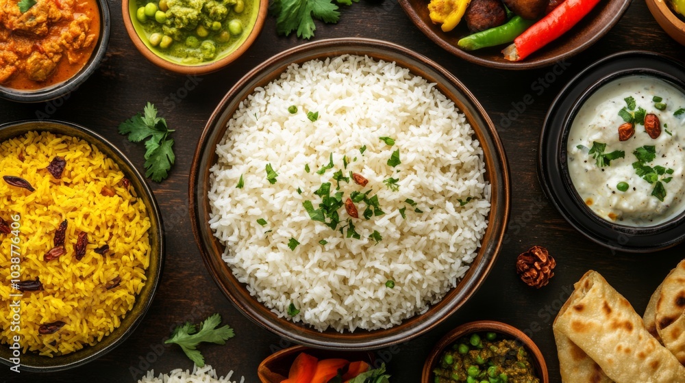 Aromatic Rice Spread with Colorful Indian Dishes Aromatic Rice Spread with Colorful Indian Dishes