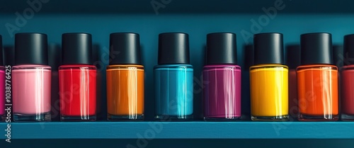 A vibrant display of nail polish bottles in a spectrum of colors, neatly arranged on a shelf, showcasing a range of shades.