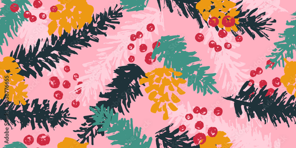 Fototapeta premium Seamless pattern with hand drawn winter plants. Holiday, Christmas, New year endless background.