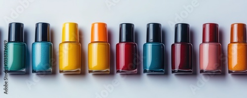 A vibrant array of nail polish bottles in various colors, neatly arranged on a light background.