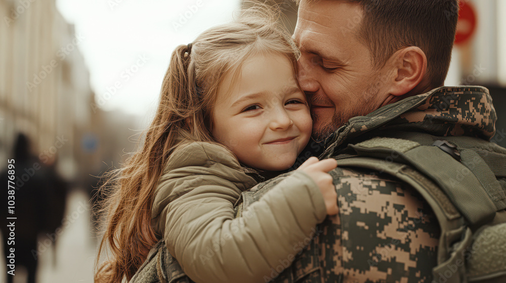 Fototapeta premium A man is hugging a little girl