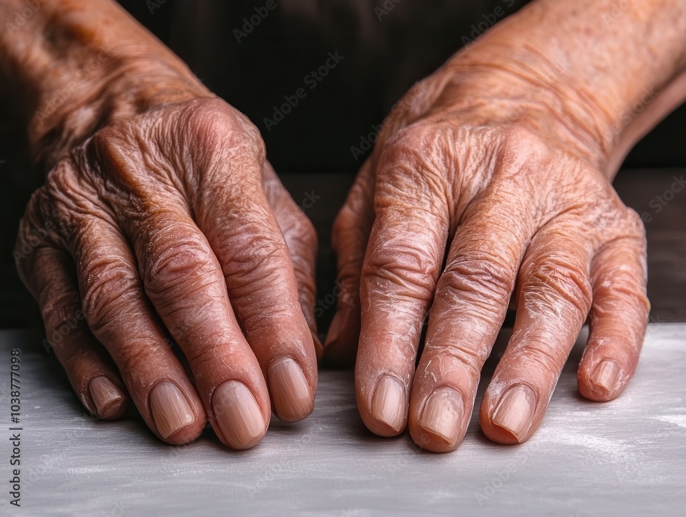 Fototapeta premium A close-up of aged hands resting on a surface, showcasing texture, lines, and a sense of history.