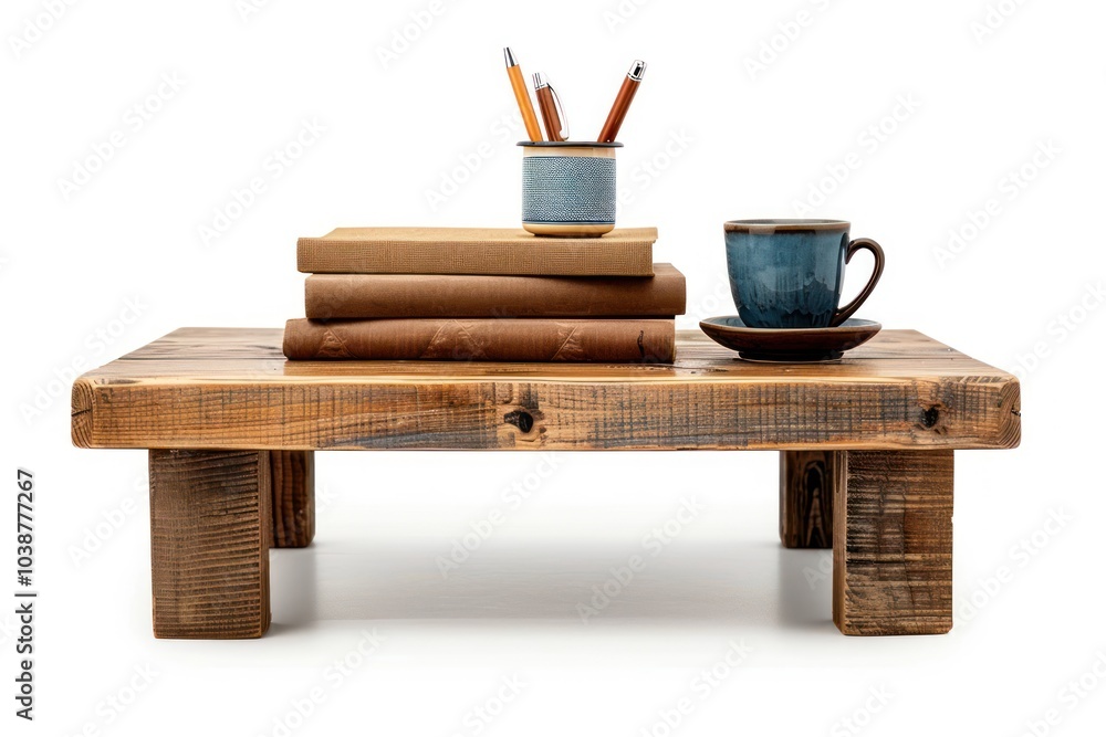 A study desk with a stack of books, a coffee cup, and a pen holder isolated on white A study desk with a stack of books, a coffee cup, and a pen holder isolated on white