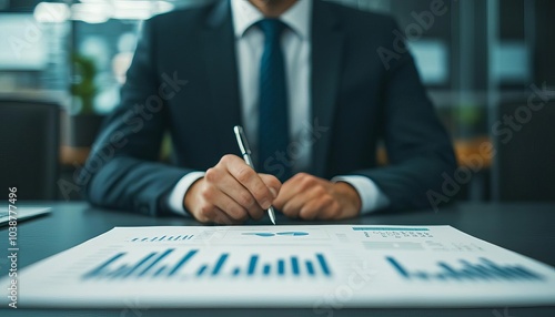 Businessman analyzing financial charts and graphs in office setting, working with data for company growth.