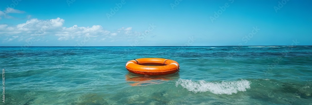 Orange Lifebuoy Floating in Blue Ocean Water Orange Lifebuoy Floating in Blue Ocean Water