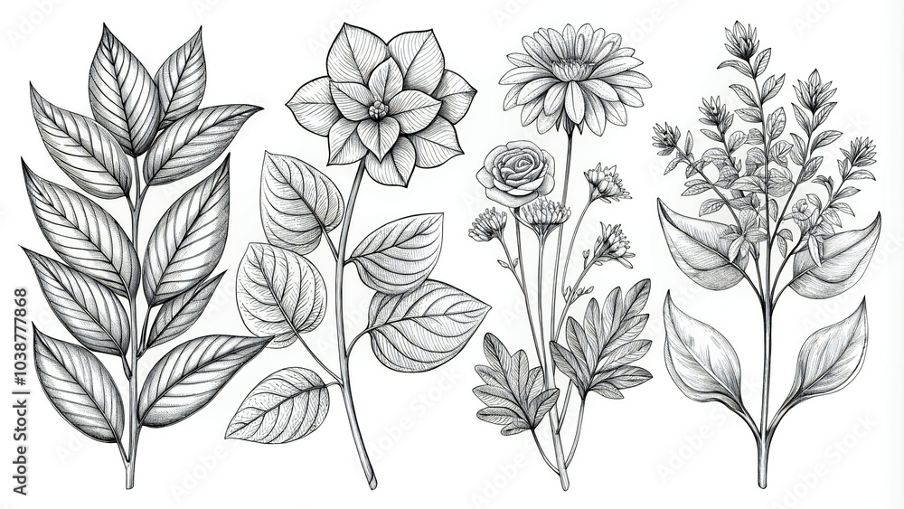 Black and White Handdrawn Line Art Sketch of Botanical Elements illustration on a white background Black and White Handdrawn Line Art Sketch of Botanical Elements illustration on a white background